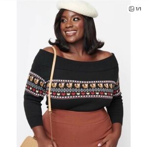 Unique Vintage Black Fox Cowl Boat Neck Sweater 3X NWT